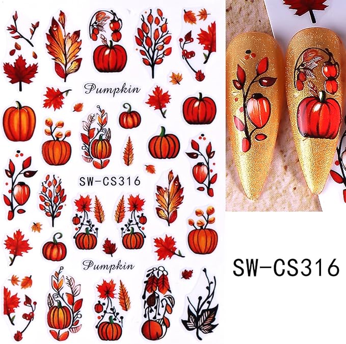 Fall Nail Stickers for Nail Art 3D Thanksgiving Pumpkins Autumn Fruit, Maple Leaf, Fallen Leaves Adhesive Nail Stickers for Women Nail Decoration Holiday DIY Cute Pumpkin Manicure Supplies 4 Sheets