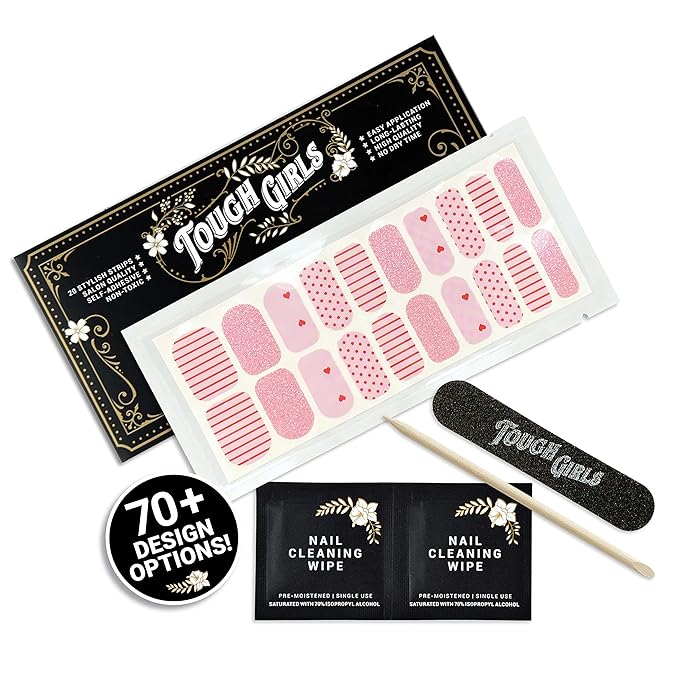 | 20 Exquisite Gel Nail Polish Strips w/Application Accessories - No UV/LED Lamp Required (Pink Glitter, Dots, Hearts & Lines)