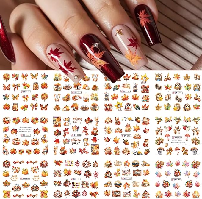 Fall Nail Stickers Water Decals 48 Designs Autumn Maple Leaf Water Transfer Nail Decals Turkey Pumpkin Squirrels Foxes Sliders Manicure Fall Sticker for Nail Decoration DIY Supplies 4 Sheets