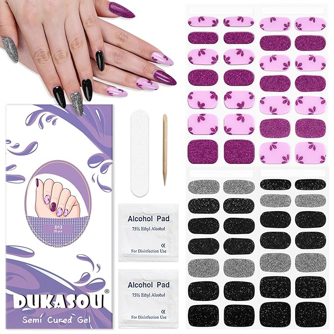 Semi Cured Gel Nail Strips 2 Set, (Glitter Black/Powder) 56 Pcs Gel Nail Wraps Stickers, Works with Any UV Lamps,Long Lasting,Salon-Quality, Easy to Apply