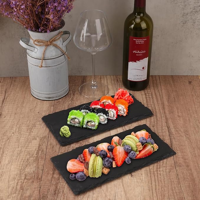 10 Pack 10 x 4.72 Inch Slate Cheese Boards, Black Rectangle Slate Charcuterie Boards, Natural Charcuterie Stone Plates for Parties, Gifts, and Special Events, Cheese, Sushi, Food.