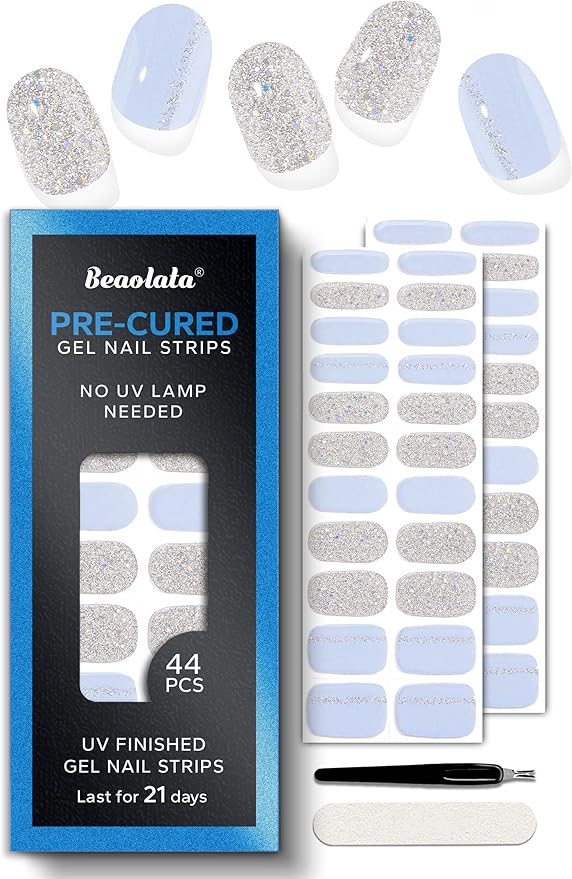 Pre Cured Gel Nail Strips - 44PCS Salon Quality Gel Nail Stickers - Long Lasting Polish Wraps for Women no UV Light Needed Easy Apply& Remove (Unicorn Silver Magic）