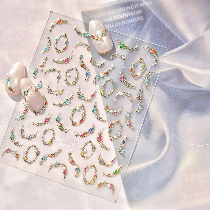 1 Sheet Gold Gemstone Necklace Nail Art Stickers 5D Embossed Pearls Gems Nail Decals with Gilded Designs Nail Sticker Self-Adhesive Colorful Rhinestone Nail Decal for Women Nails Decoration Supplies