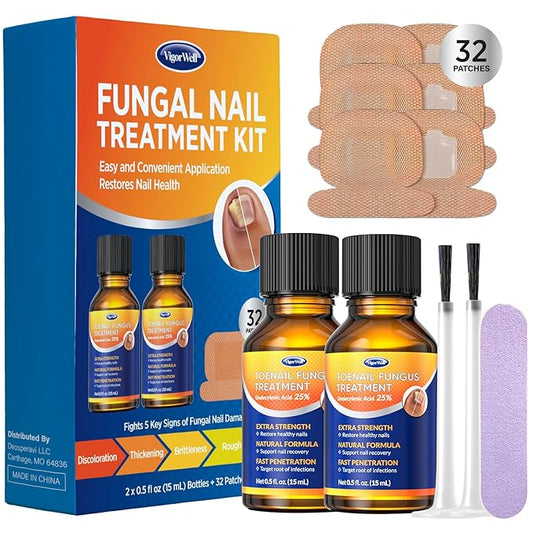 Toenail Fungus Treatment Extra Strength: Dual Action Nail Repair Kit for Thick, Brittle or Discolored Nails - 30 ml Nail Repair Gel with 25% Undecylenic Acid - (Medium) 32 Fungal Nail Patches
