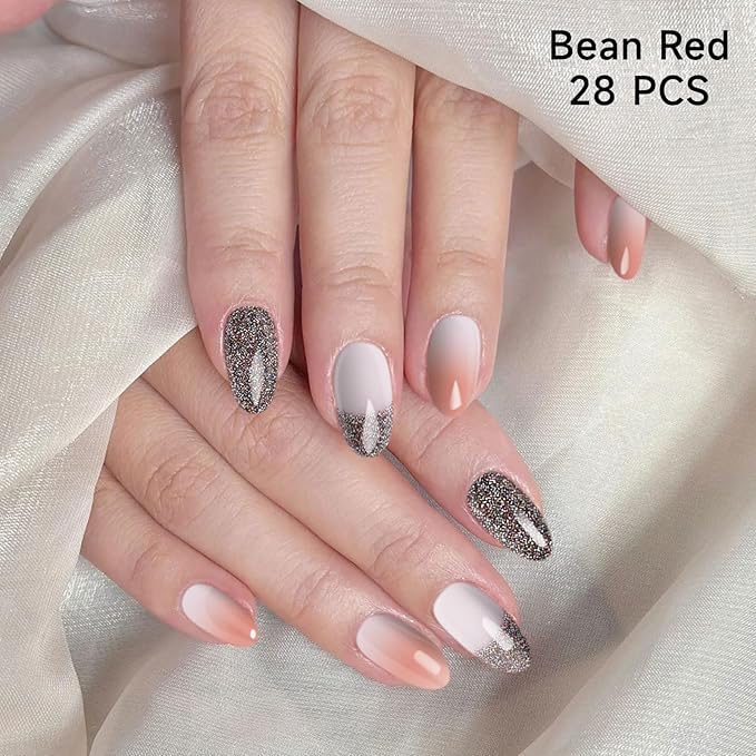 Semi Cured Gel Nail Strips | 28 pcs Gel Nails Strips Work with Any UV Lamps, Long Lasting UV Nail Stickers for Women DIY Nails Wraps(Bean Red)