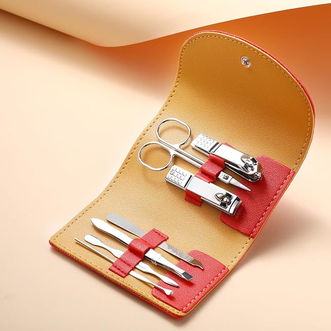 12 Set Manicure Set Bulk Mini Manicure Nail Clipper Kit 7 in 1 Stainless Steel Professional Nail Care Pedicure with Travel Portable Bag Grooming Kits for Christmas Women Men Home(Red)