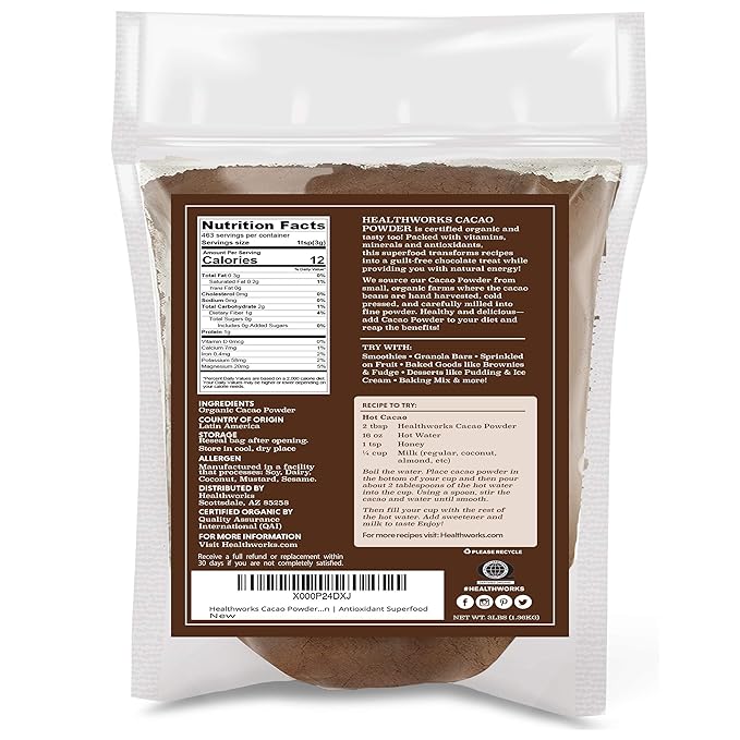 Healthworks Superfoods Organic Cacao Powder - 48 Oz / 3 Lb - Cocoa Chocolate Substitute - Rich Choclate Flavour - Sugar-Free, Keto, Vegan & Non-GMO - Peruvian Bean/Nut Origin - Antioxidant Superfood - Packaging May Vary