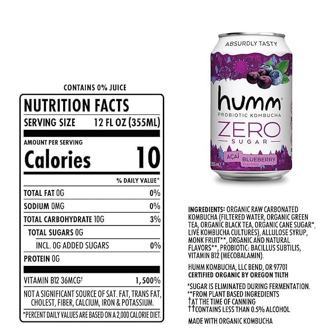 Humm Probiotic Kombucha Zero Sugar Acai Blueberry, No Refrigeration Needed, Keto Friendly, Organic, Vegan, Gluten Free, 12oz Cans (8 Pack)