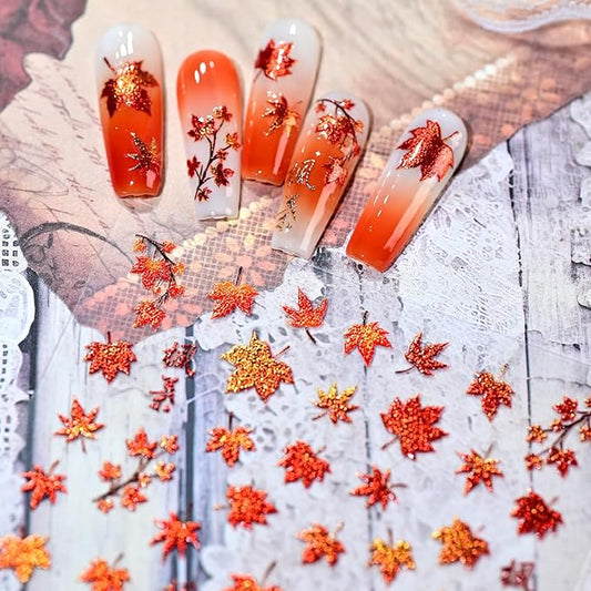 1 Sheet 5D Embossed Autumn Maple Leaves Nail Stickers for Nail Art Thanksgiving Day Nail Art Stickers Fall Nail Decals Red Glitter Maple Leaf Nails Design Nails Decoration DIY for Women Nail Supplies