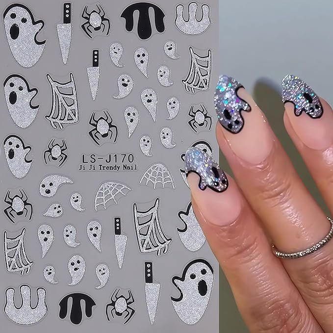 Halloween Nail Art Stickers Spider Web Nail Decals 2 Sheets 3D Self-Adhesive Glitter Spider Ghost Blood Nail Decals Day of Death Nails Stickers Holiday DIY Manicure Decoration Sticker for Women