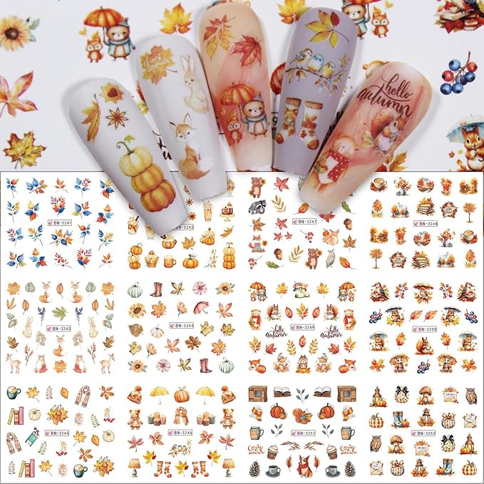 12 Sheet Fall Nail Art Stickers Decals Water Transfer Nail Stickers Maple Leaves Nail Stickers for Nail Art with Little Bear Squirrel Design Autumn Manicure Decoration for Women Nails Supplies