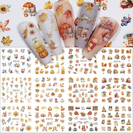 12 Sheet Fall Nail Art Stickers Decals Water Transfer Nail Stickers Maple Leaves Nail Stickers for Nail Art with Little Bear Squirrel Design Autumn Manicure Decoration for Women Nails Supplies