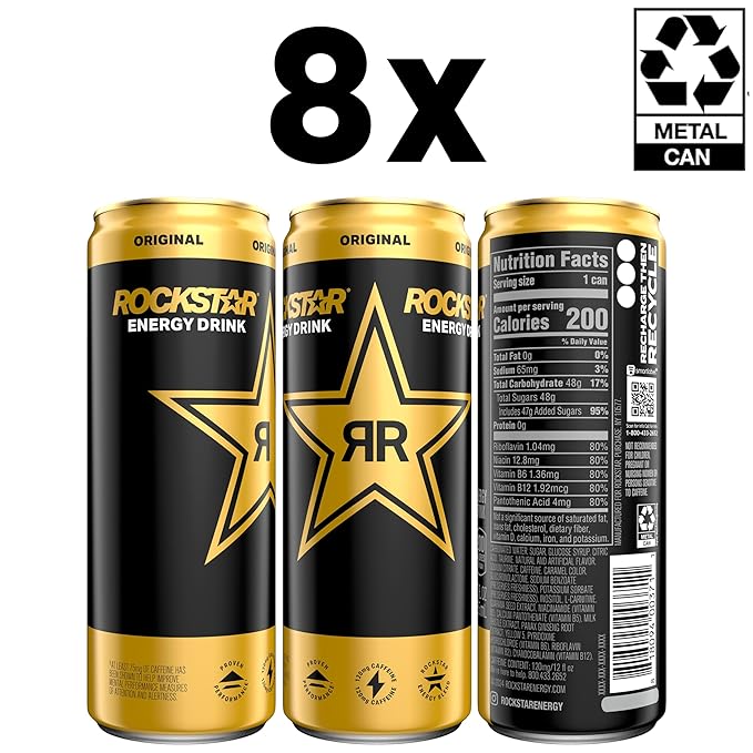 Rockstar Energy Drink, Original, 12oz Sleek Cans (Pack of 8)