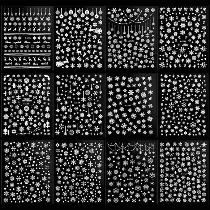12 Sheets Christmas Nail Stickers Snowflake Nail Art Stickers 3D Self-Adhesive Winter Nail Decals Elk Snowman Nail Design Bow Nail Art Supplies Decoration for Women and Girls