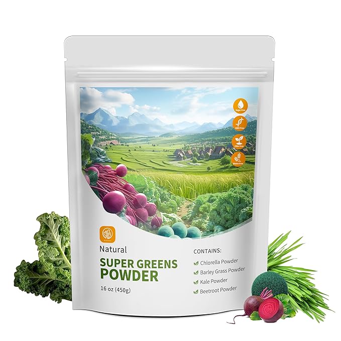 Greens Powder Superfood for Immune Support With 16 oz，Greens Powder Smoothie Mix with Chlorella, Barley Grass, Kale & Beetroot Smoothie Booster, Chlorophyll Providing Greens.