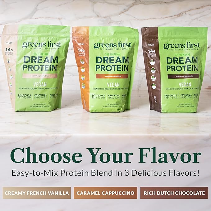 Greens First Dream Protein Plant-Based Vegan Powder - USDA Organic Pumpkin, Hemp & Pea Protein - Gluten-Free, Non-GMO, No Added Sugar (Caramel Cappuccino, 27.42 oz)