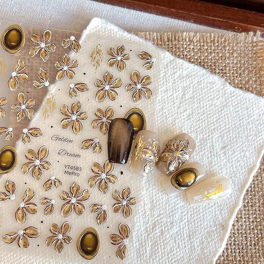 1Sheet Self-Adhesive Bronzing Devil Flower Nail Art Stickers 5D Embossed Light Brown Flowers Designs Nail Decals Cute Floral Nail Stickers Spring Summer Nail Art Supplies for Women Nails Decoration