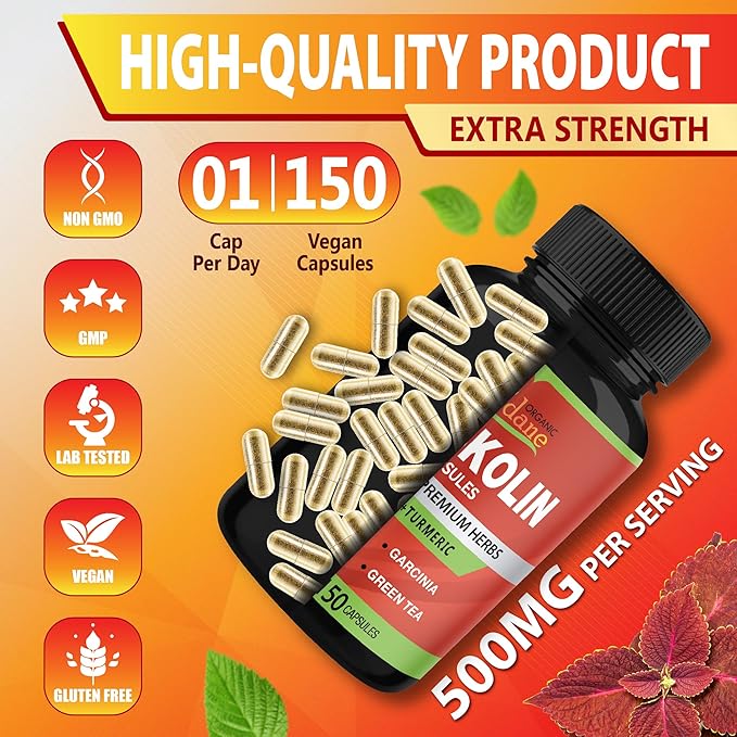 Organic Cadane Forskolin Supplement Capsules - 5in1 Concentrated with Turmeric Curcumin, Arjuna, Garcinia Cambogia, and Green Tea - 150 Capsules for 5 Months Supply