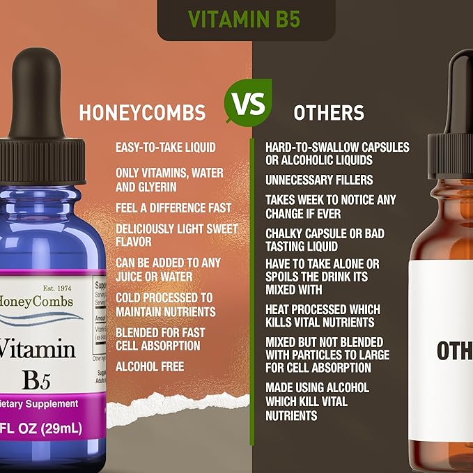 HoneyCombs Vitamin B5 Pantothenic Acid Supplement Liquid Drops - High Potency Vitamin B5 for Men & Women - Maintain Healthy Hormones, Immune System, Hair, Skin, Nails - Vegan Liquid Vitamins (1 Fl oz)
