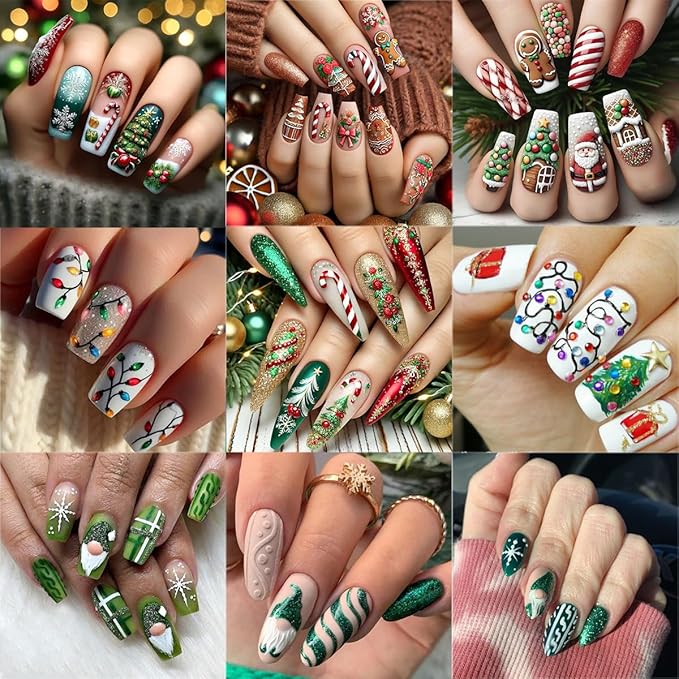 6 Sheets Christmas Nail Stickers 5D Embossed Holly Nail Art Stickers Snowflake Xmas Tree Santa Claus Candy Cane Designs Colorful Light String Nail Decals for Women DIY Acrylic Manicure Decoration