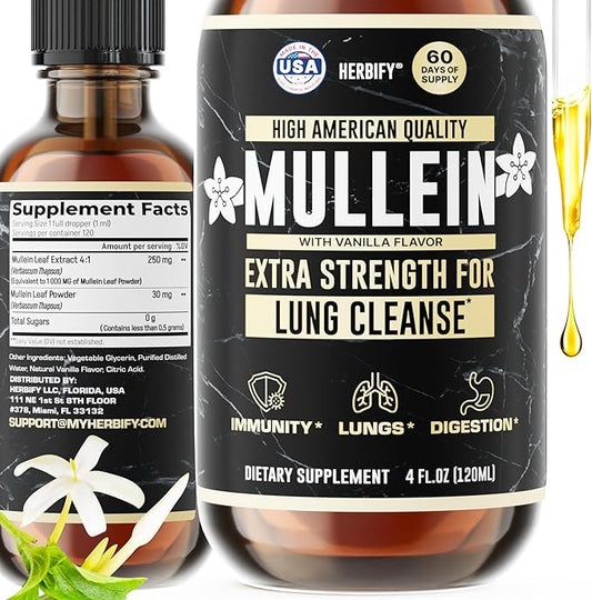 HERBIFY Mullein Drops - Lung Cleanse - Leaf Extract - Powerful Mullein for Immune Support, Detox & Respiratory Support - Made in USA - 4 Oz Vanilla Flavor