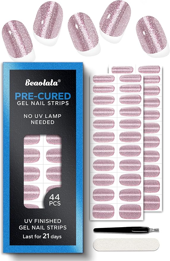 Pre Cured Gel Nail Strips - 44PCS Salon Quality Gel Nail Stickers - Long Lasting Polish Wraps for Women no UV Light Needed Easy Apply& Remove (Line Glitter Pink)