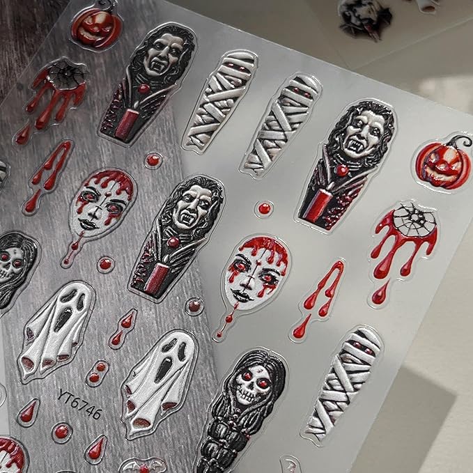 Halloween Ghost Nail Stickers 3D Embossed Stickers for Nails Spooky Nail Decals with Mummy Blood Drop Pumpkin Designs DIY Self Adhesive Nails Art Decoration