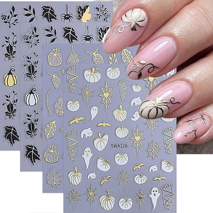 Halloween Nail Stickers Spooky Pumpkins Ghost Nail Decals 8PCS Self-Adhesive Shiny Leaf Pumpkins Bat Spider Web Nail Design Supplies Slider Manicure Accessories Charms Fall Nail Art Stickers for Women