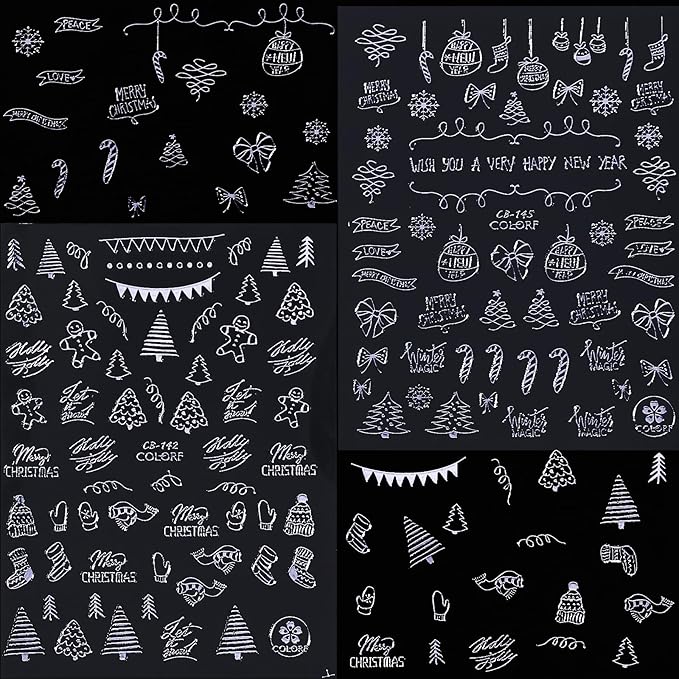 HNUIX Nail Stickers - 3D Christmas, Self Adhesive Nail Decals, Multi Pattern, Silver, 9 Sheets, for Nail Art