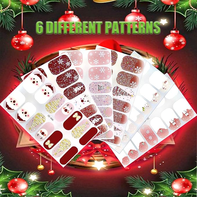6 Sheets Christmas Nail Wraps Stickers 3D White Snowflake Nail Polish Strips Self-Adhesive Winter Holiday Full Wraps with Xmas Trees Santa Reindeer Gel Nail Stickers for Women Girls Acrylic Nails DIY