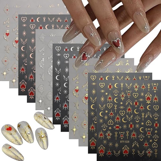12 Sheets Gold Nail Art Stickers 3D Self-Adhesive Nail Stickers Sliver Star Nail Decals Red Heart Moon Nail Supplies Nail Art Design Gold Manicure Decorations for Women and Girls
