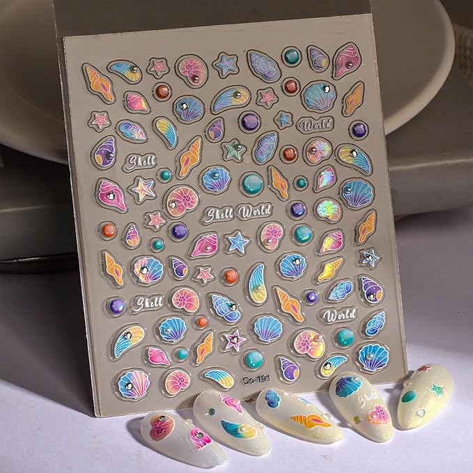 Summer Nail Stickers Shell Starfish Nail Art Stickers 5D Embossed Nail Decals Blue Ocean Theme with Pearl Design Cute Nails Supplies for Women