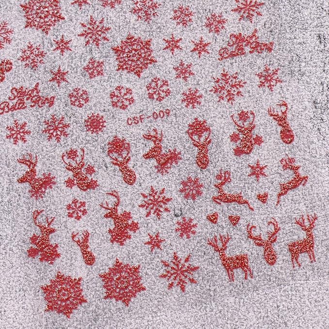 JMEOWIO 9 Sheets Christmas Glitter Nail Art Stickers Decals Self-Adhesive Red Nail Supplies Nail Art Design Decoration Accessories