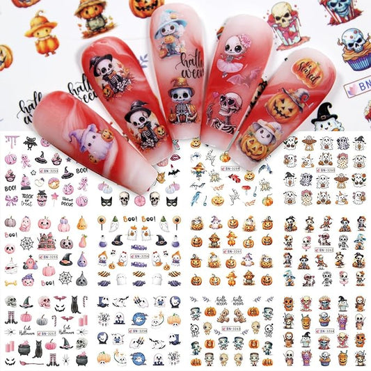 12sheet Halloween Nail Stickers Funny Pumpkin Nail Art Stickers Decals with Cute Ghost Skeleton Spider Design Nail Stickers for Nail Art Water Transfer Nails Supplies for Women Manicure Decor