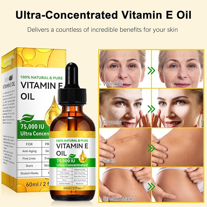 Vitamin E Oil Blend 75,000 IU, Pure Vitamin E Oil for Skin, Scars, Nails and Scalp, Hydrating Dry Skin, Face and Body Moisturizer, Reduce Stretch Marks, Fine Lines & Wrinkles, 2Fl Oz