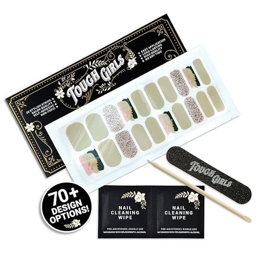 | 20 Exquisite Gel Nail Polish Strips w/Application Accessories - No UV/LED Lamp Required (Pale Green, Pink, Gold & Sparkles)