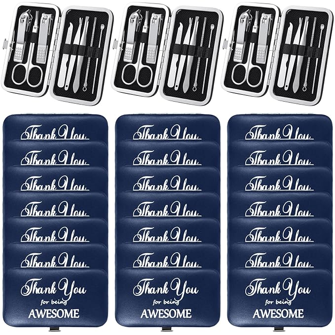 Therwen 24 Sets Manicure Set Nail Clippers 8 in 1 Stainless Steel Grooming Nail Kit Thank You Appreciation Gift Professional Pedicure Tool for Men Women Personal Care(Dark Blue)