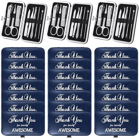 Therwen 24 Sets Manicure Set Nail Clippers 8 in 1 Stainless Steel Grooming Nail Kit Thank You Appreciation Gift Professional Pedicure Tool for Men Women Personal Care(Dark Blue)