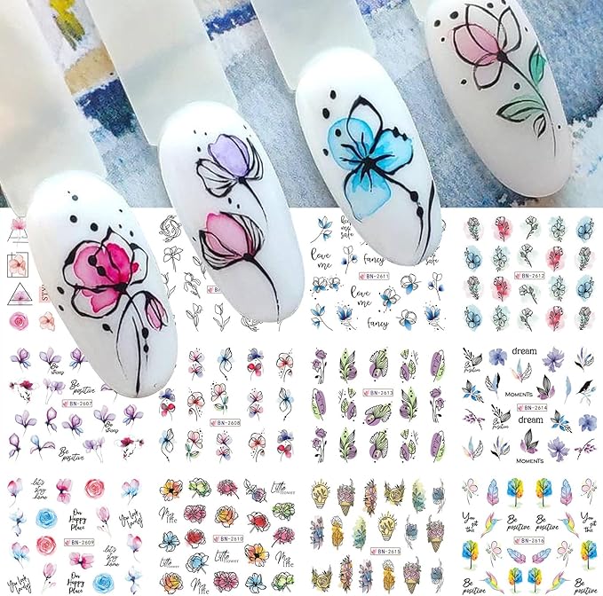 Flower Decals Nail Art Stickers 48 Designs Spring Water Transfer Stickers for Nails Colorful Flower Leaf Cherry Blossoms Rose Pattern DIY Decoration Nail Supplies for Women Girl 4 Sheets