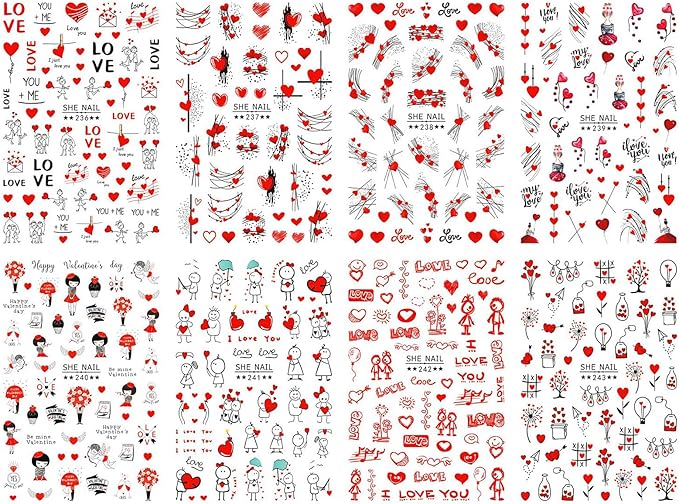 12 Sheets Valentines Nail Stickers, 3D Self-Adhesive Heart Designs, Love Rose Decals for Women Nail Art