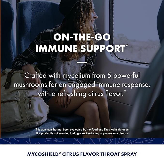Host Defense MycoShield Throat Spray - Immune Health Support - Dietary Mushroom Supplement with Chaga, Reishi, Turkey Tail & More - On-The-Go Immune Support - Citrus Flavor, 1 fl oz (71 Servings)*