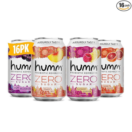Humm Probiotic Kombucha Zero Sugar Variety Pack, No Refrigeration Needed, Keto Friendly, Organic, Vegan, Gluten Free, 12oz Cans (16 Pack)