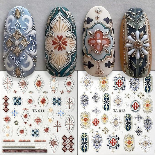 2 Sheets Relief Bohemian Style Nail Stickers, Retro Color 5D Embossed Nail Decals with Metallic Lace Lines, Vintage Boho Nail Art Decoration for Women Girls DIY Manicure Supplies