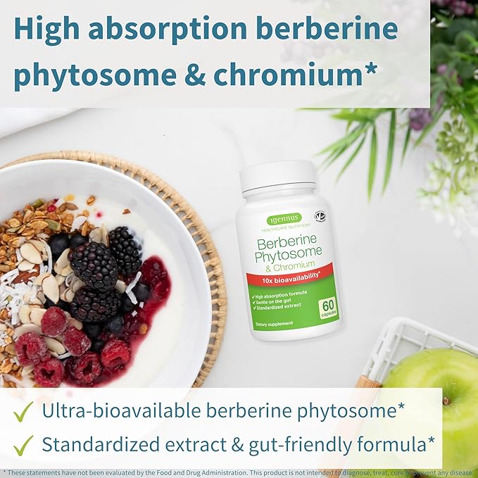 Igennus Dual Action Berberine Phytosome 550mg & Chromium Picolinate, 10x Absorption, Blood Glucose Control, Standardized Berberis Extract Supplement, Clean Label, Vegan, 60 Capsules