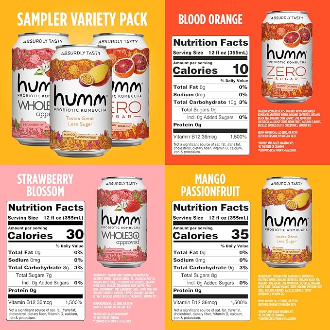 Humm Kombucha Sampler Pack, Includes Original Mango Passionfruit Kombucha, Zero Sugar Blood Orange, Whole30 Approved Strawberry Blossom (Pack of 24)