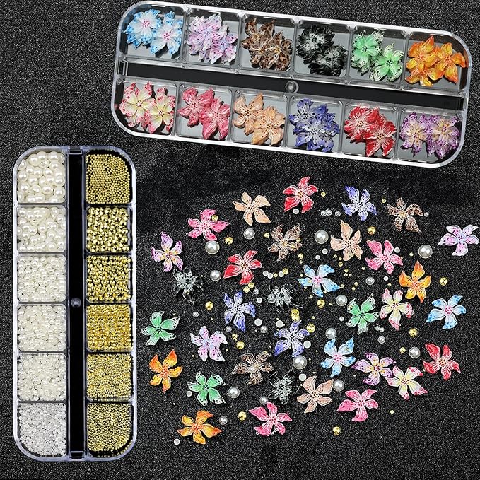 Flower Nail Art Charms with Rhinestones Glue Gel Cream Flatback Pearls Luxurious Nail Gems Supplies Accessories Gold Silver Nails Decoration Pearls for Women Nails Design