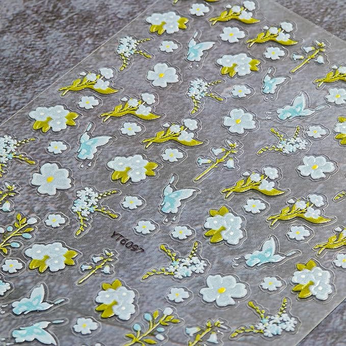 Flower Nail Stickers for Nail Art - Blue Flower Nail Art Sticker Floral Embossed Leaf Butterfly Nail Decals Self-Adhesive Nails Supply Manicure Stickers for Nails Decoration