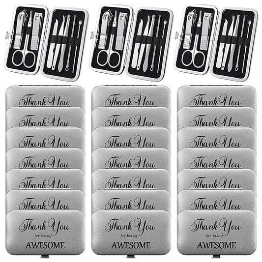 Therwen 24 Sets Manicure Set Nail Clippers 8 in 1 Stainless Steel Grooming Nail Kit Thank You Appreciation Gift Professional Pedicure Tool for Men Women Personal Care(Silver)