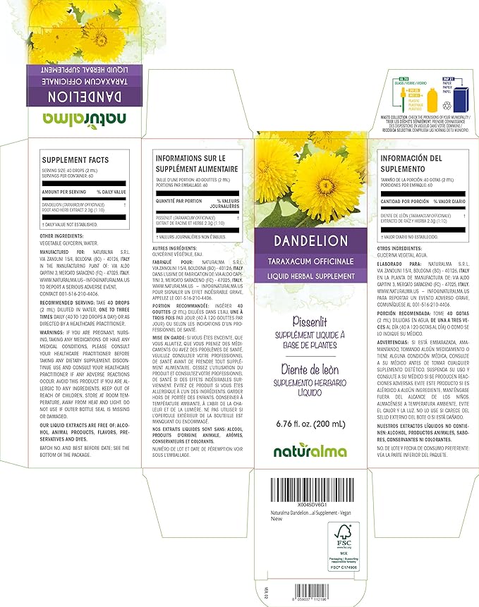 Naturalma Dandelion (Taraxacum officinale) Root and herb Alcohol-Free Tincture - 6.76 fl oz Liquid Extract in Drops - Herbal Supplement - Vegan