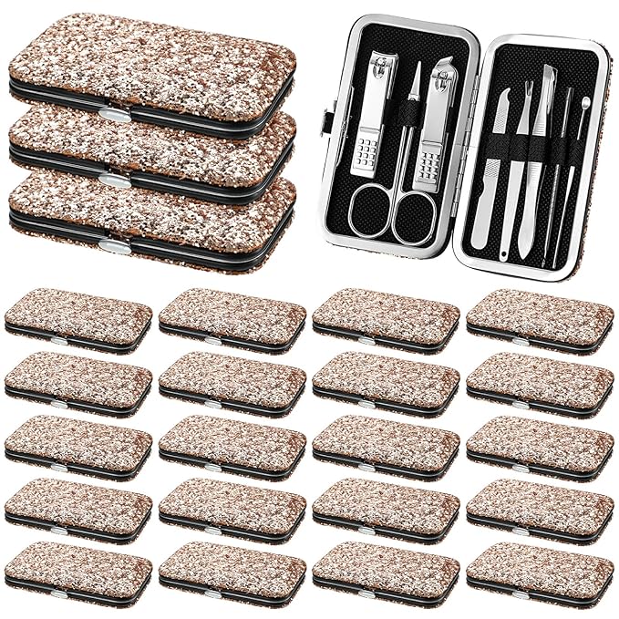 Lasnten 24 Set Christmas Manicure Set Bulk Nail Clippers Grooming Nail Kit Stainless Steel Professional Pedicure Kit Pedicure Tools with Travel Case Gifts for Xmas Men Women(8 in 1,Shiny Gold)